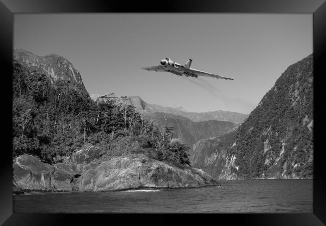 Vulcan leaving Milford Sound B&W version Framed Print by Gary Eason