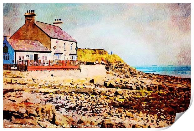Digital water colour of old cafe in Benllech Bay Print by Kevin Hellon