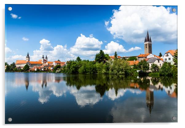 View of Telc across pond with reflections, Unesco  Acrylic by Sergey Fedoskin