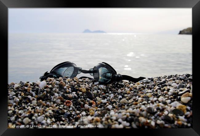 Goggles with the serene scenery of Matala, Crete,  Framed Print by Lensw0rld 