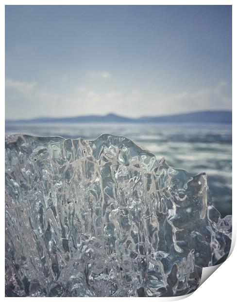 A piece of crystal transparent ice in the hand aga Print by Larisa Siverina