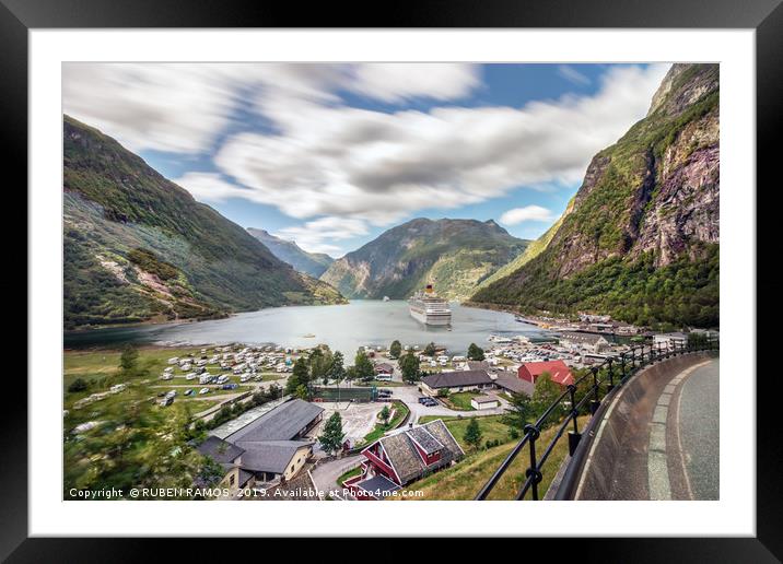 Panoramic view perspective of the Geiranger harbor Framed Mounted Print by RUBEN RAMOS