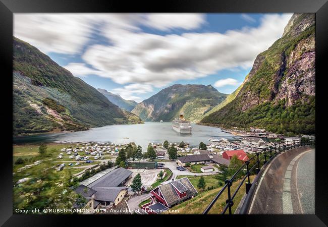 Panoramic view perspective of the Geiranger harbor Framed Print by RUBEN RAMOS