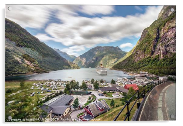 Panoramic view perspective of the Geiranger harbor Acrylic by RUBEN RAMOS