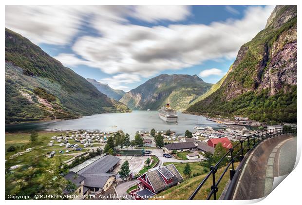 Panoramic view perspective of the Geiranger harbor Print by RUBEN RAMOS
