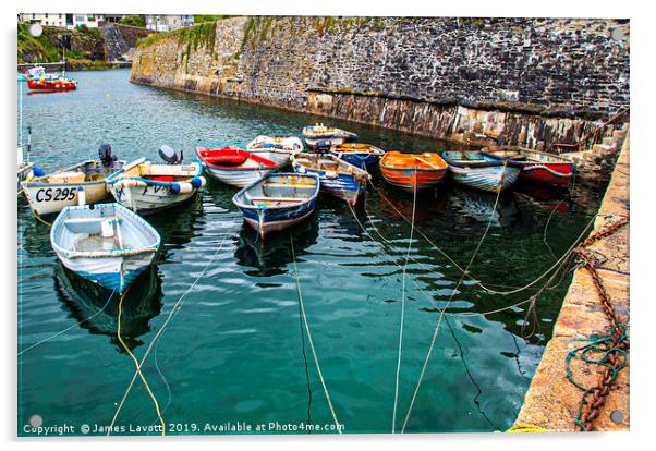 Rowing boats In Mevagissey Outer Harbour Acrylic by James Lavott