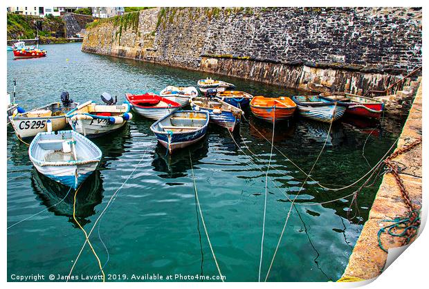Rowing boats In Mevagissey Outer Harbour Print by James Lavott
