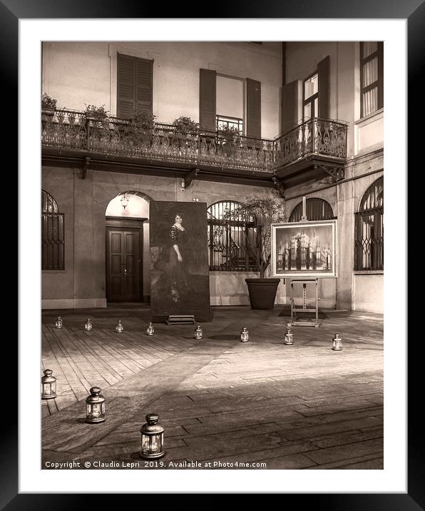 Urban Courtyard with Paintings - BW sepia Framed Mounted Print by Claudio Lepri