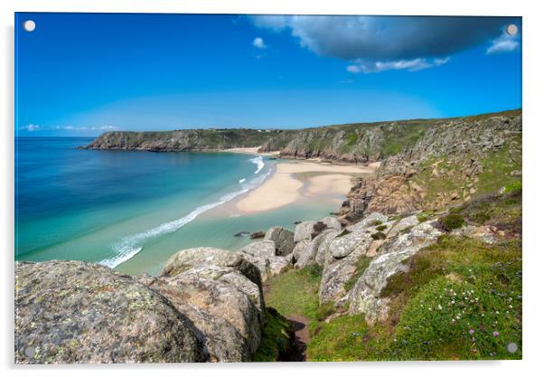 Porthcurno beach and treen cliffs Acrylic by Eddie John