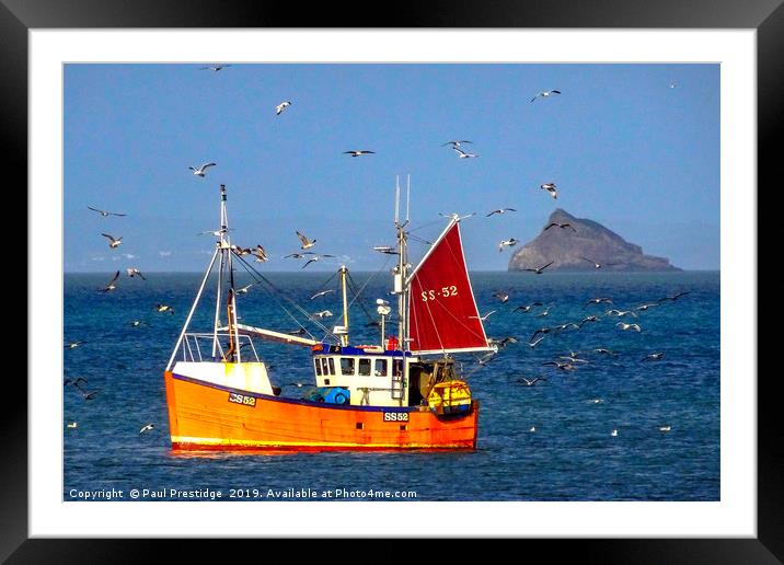 Little Orange Fishing Boat with Seagulls Framed Mounted Print by Paul F Prestidge
