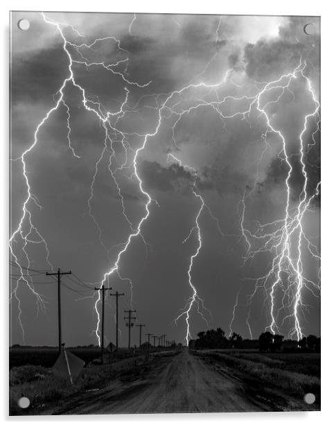 Lightning storm over Nebraska. black and white Acrylic by John Finney