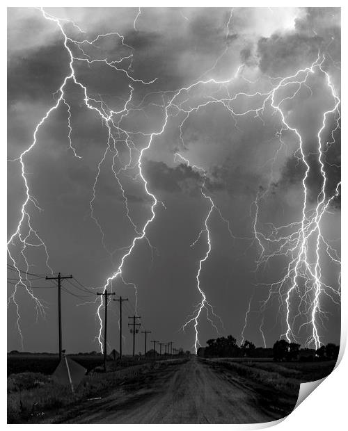 Lightning storm over Nebraska. black and white Print by John Finney