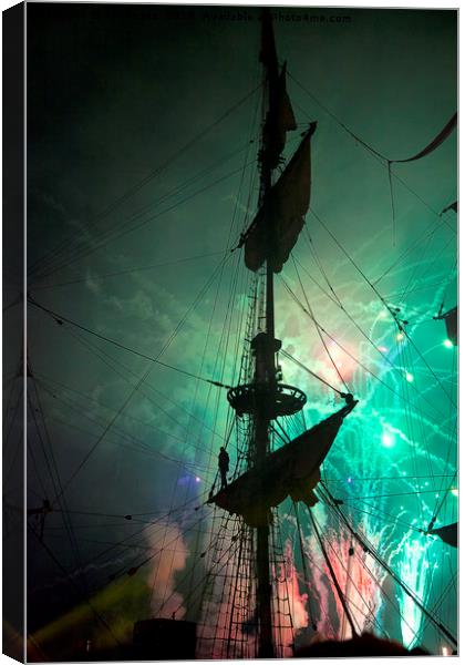 Fireworks and Tall Ships Canvas Print by Jim Jones