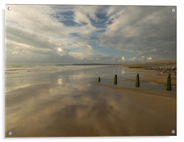 Groynes leading out to sea on Westward Ho! beach Acrylic by Tony Twyman