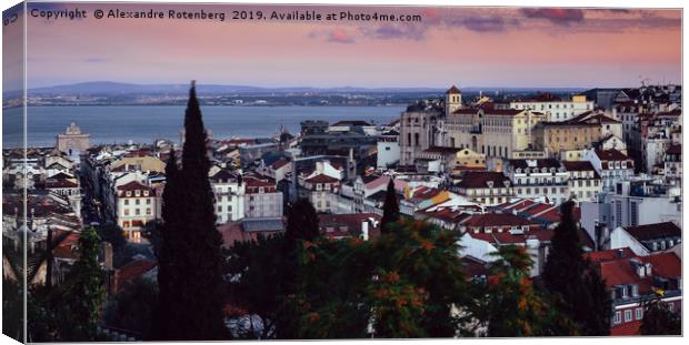 Lisbon, Portugal magenta sunset overlooking Baixa  Canvas Print by Alexandre Rotenberg