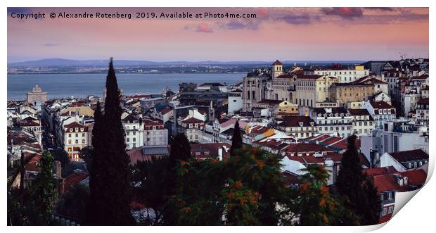Lisbon, Portugal magenta sunset overlooking Baixa  Print by Alexandre Rotenberg