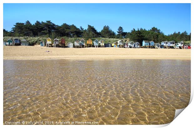 Beach huts from the water at Wells-Next-the-Sea  Print by Sally Lloyd