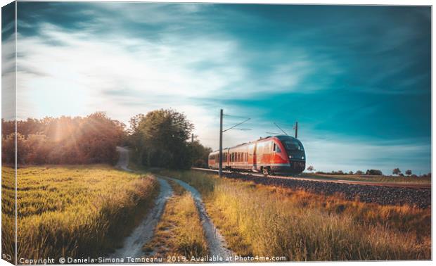 High-speed train moving through nature at sunset Canvas Print by Daniela Simona Temneanu