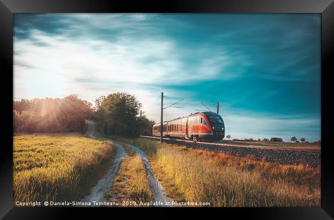 High-speed train moving through nature at sunset Framed Print by Daniela Simona Temneanu