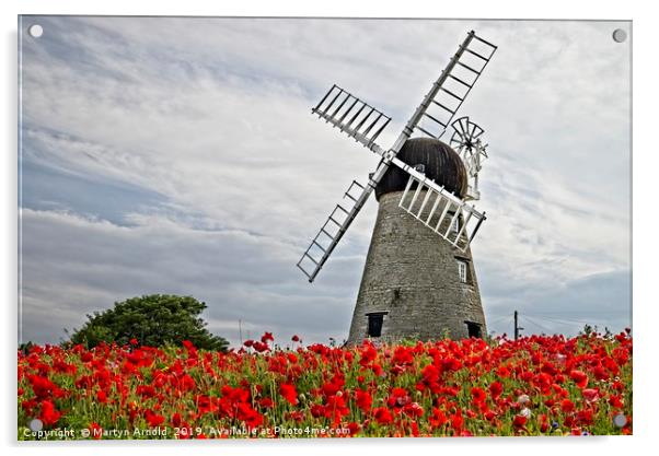 Whitburn WIndmill and Poppies Acrylic by Martyn Arnold