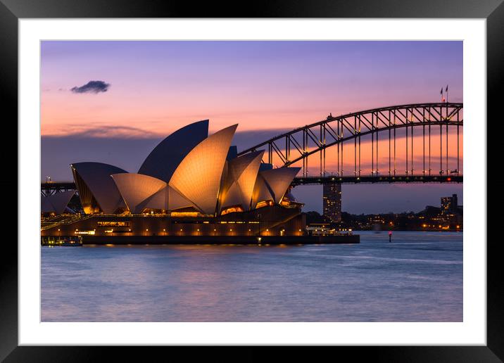 Sydney Opera House and Harbour bridge after sunset Framed Mounted Print by Andrew Michael