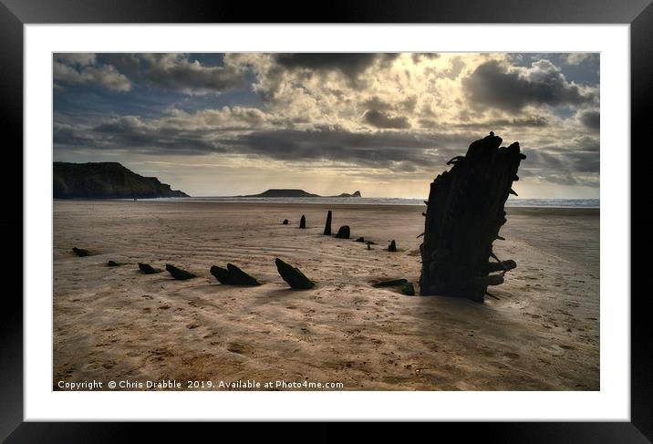 The wreck of the Helvetia at sunset, Rossili Bay Framed Mounted Print by Chris Drabble