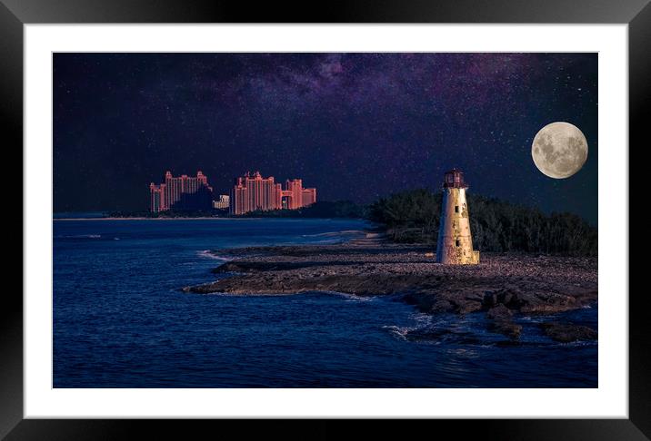 Lighthouse and Resort in Bahamas at Night Framed Mounted Print by Darryl Brooks