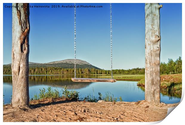 Wooden Swing By A Lake Print by Jukka Heinovirta