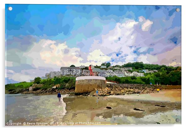 Low tide by the Banjo Pier in Looe Cornwall Acrylic by Rosie Spooner