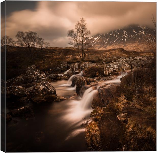 Glen Etive in cloud at the base of the stream Canvas Print by Warren Evans