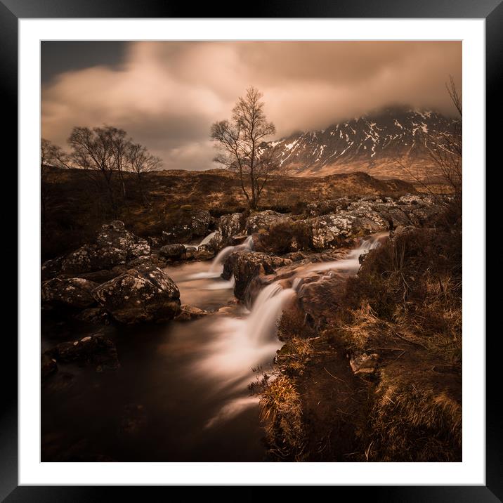 Glen Etive in cloud at the base of the stream Framed Mounted Print by Warren Evans