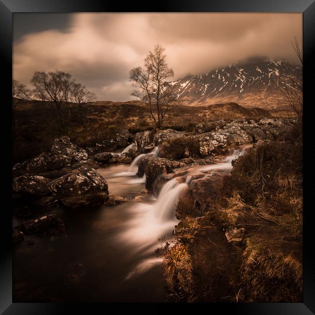 Glen Etive in cloud at the base of the stream Framed Print by Warren Evans