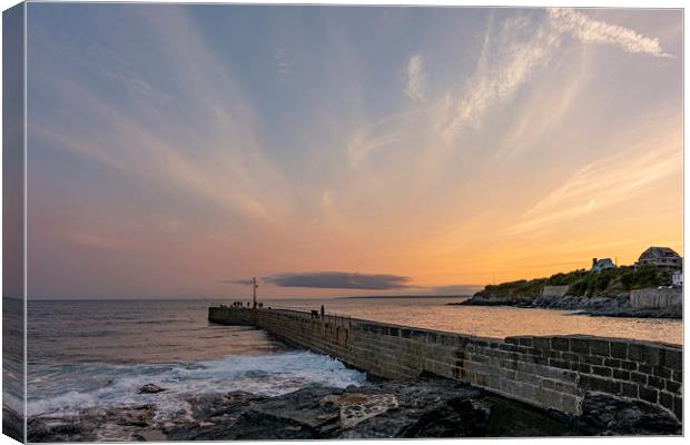 Sunset over Porthleven Pier Canvas Print by Malcolm McHugh