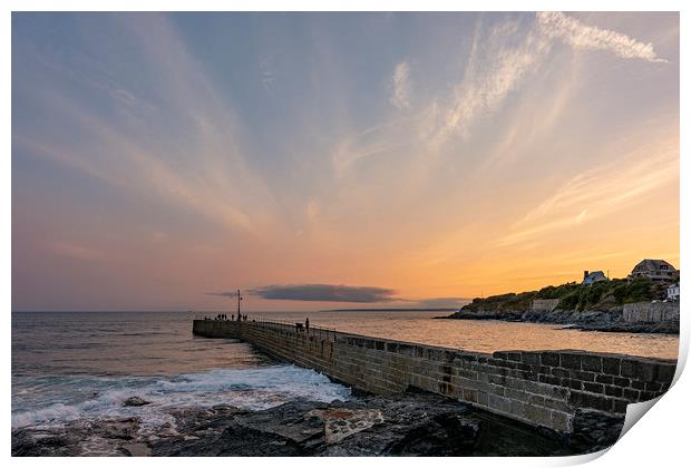 Sunset over Porthleven Pier Print by Malcolm McHugh