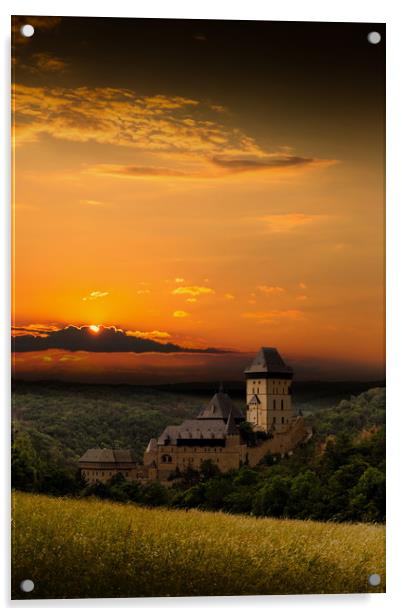 Karlstejn gothic castle near Prague on the sunset. Acrylic by Sergey Fedoskin
