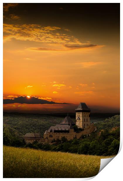 Karlstejn gothic castle near Prague on the sunset. Print by Sergey Fedoskin