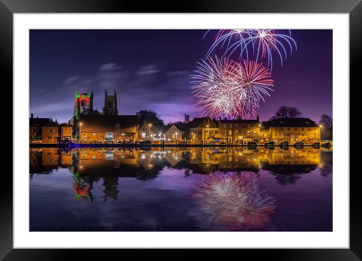Kings Lynn firework display over town and river Framed Mounted Print by Simon Bratt LRPS