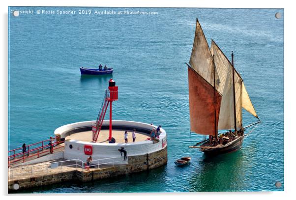 Looe Lugger passing the Banjo Pier  Acrylic by Rosie Spooner