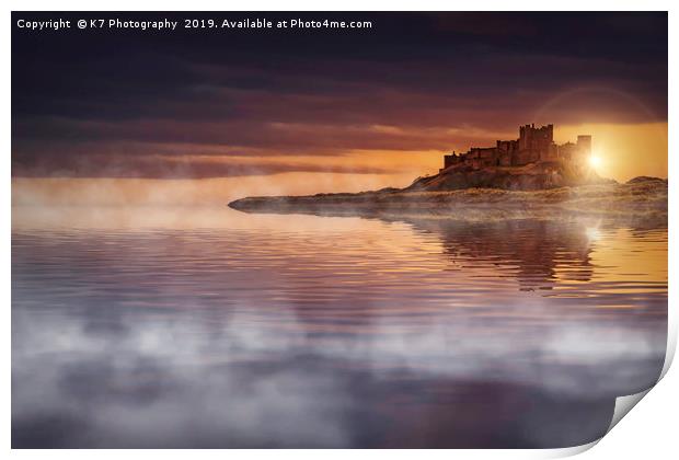 Misty Dawn Over Bamburgh Castle Print by K7 Photography