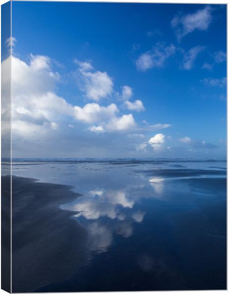 Wonderful cloud reflections on Westward Ho beach Canvas Print by Tony Twyman