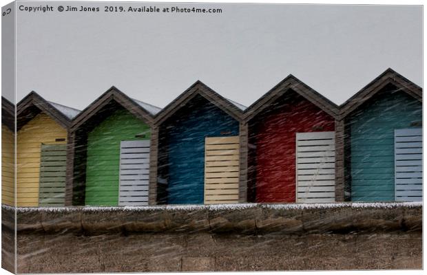 Beach Huts for hire - Heating recommended Canvas Print by Jim Jones