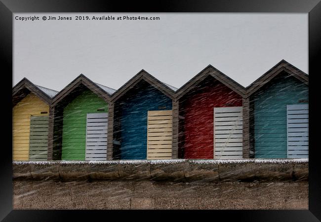 Beach Huts for hire - Heating recommended Framed Print by Jim Jones