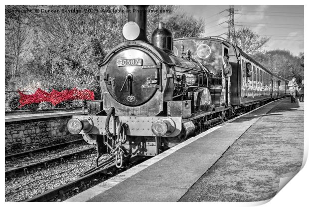 black and white steam train colour splash Print by Duncan Savidge