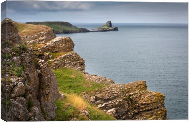 The jagged cliffs of Worms Head Canvas Print by Leighton Collins