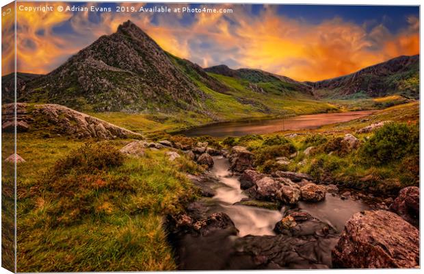 Ogwen Lake and Tryfan Snowdonia  Canvas Print by Adrian Evans