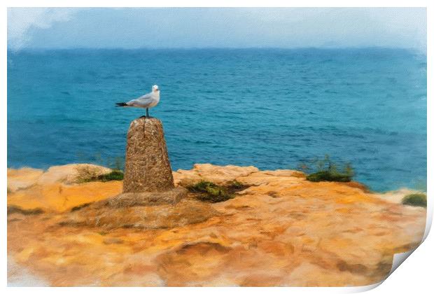 Digital painting of Seagull on Perch Print by Stuart Atton