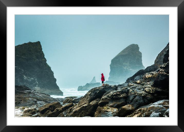 Bedruthan Steps on a foggy day Framed Mounted Print by Andrew Michael
