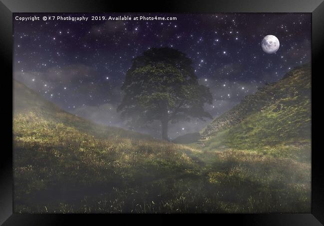 Misty Moonlight at Sycamore Gap Framed Print by K7 Photography