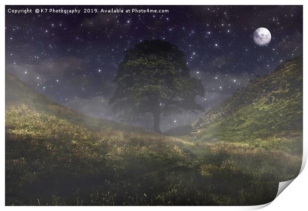 Misty Moonlight at Sycamore Gap Print by K7 Photography