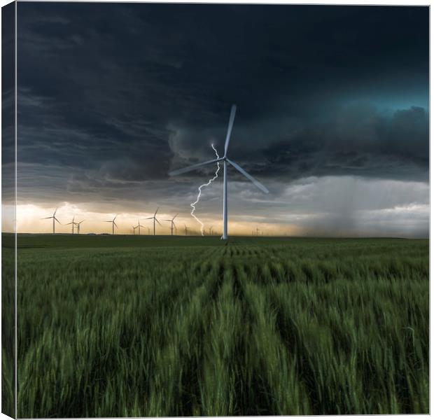 Lightning Bolt over a wind farm  Canvas Print by John Finney